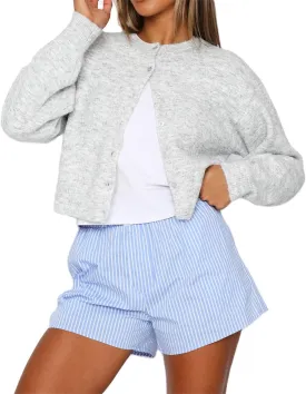 Women Casual Solid Long Sleeve Whispers Knit Cardigan Cute Y2k Crewneck Open Front Button Down Cropped Cardigan Sweater