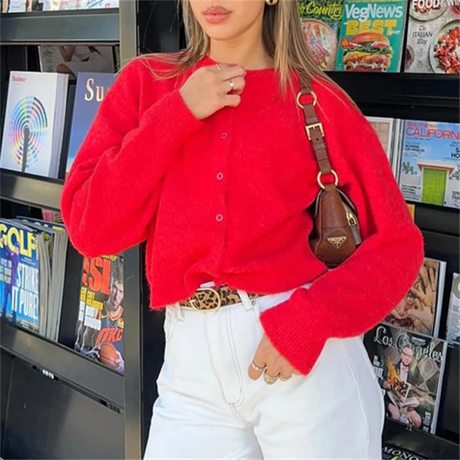 Women Casual Solid Long Sleeve Whispers Knit Cardigan Cute Y2k Crewneck Open Front Button Down Cropped Cardigan Sweater