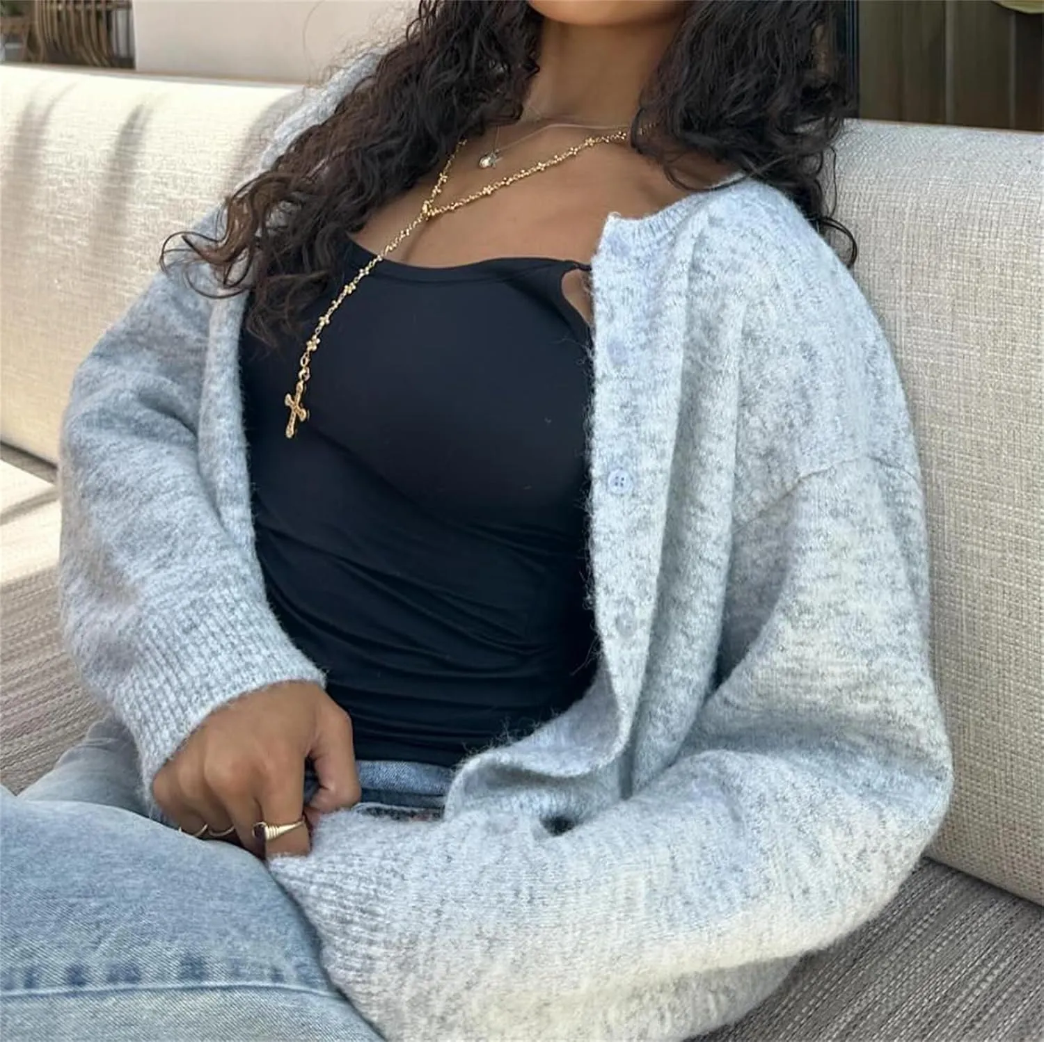 Women Casual Solid Long Sleeve Whispers Knit Cardigan Cute Y2k Crewneck Open Front Button Down Cropped Cardigan Sweater