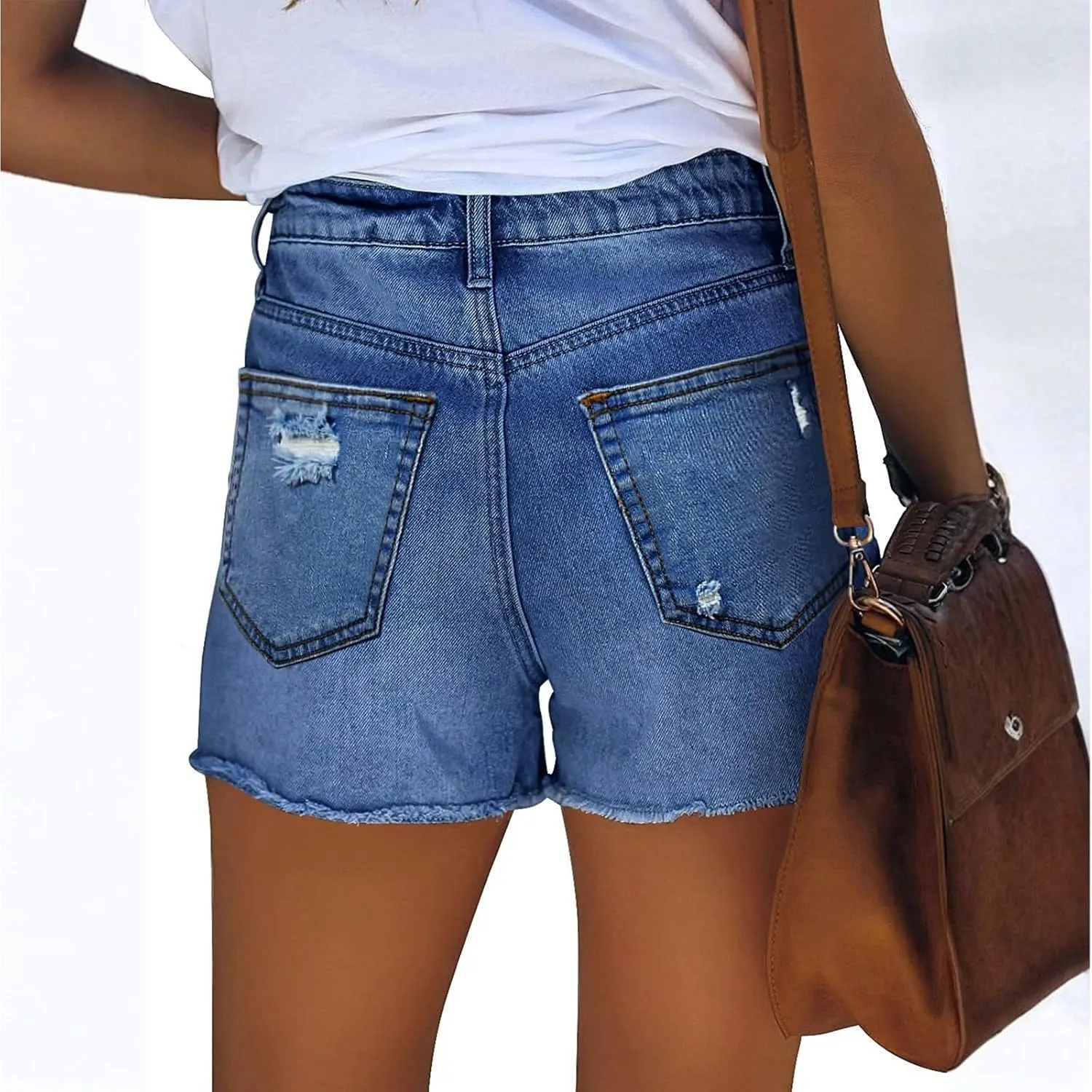 Women Denim Shorts High Waist Cut Off Ripped Jean Shorts with Pockets Stretchy Frayed Raw Hem Distressed Jorts