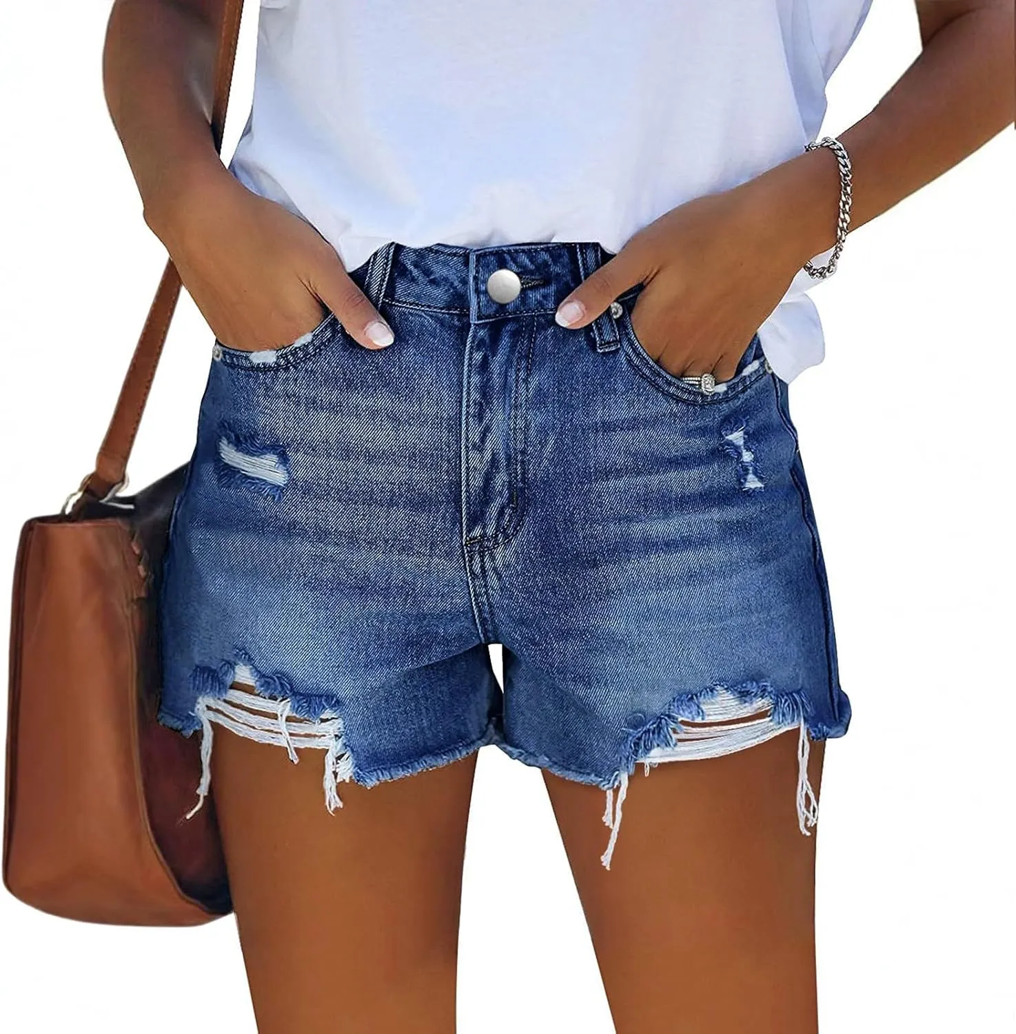 Women Denim Shorts High Waist Cut Off Ripped Jean Shorts with Pockets Stretchy Frayed Raw Hem Distressed Jorts
