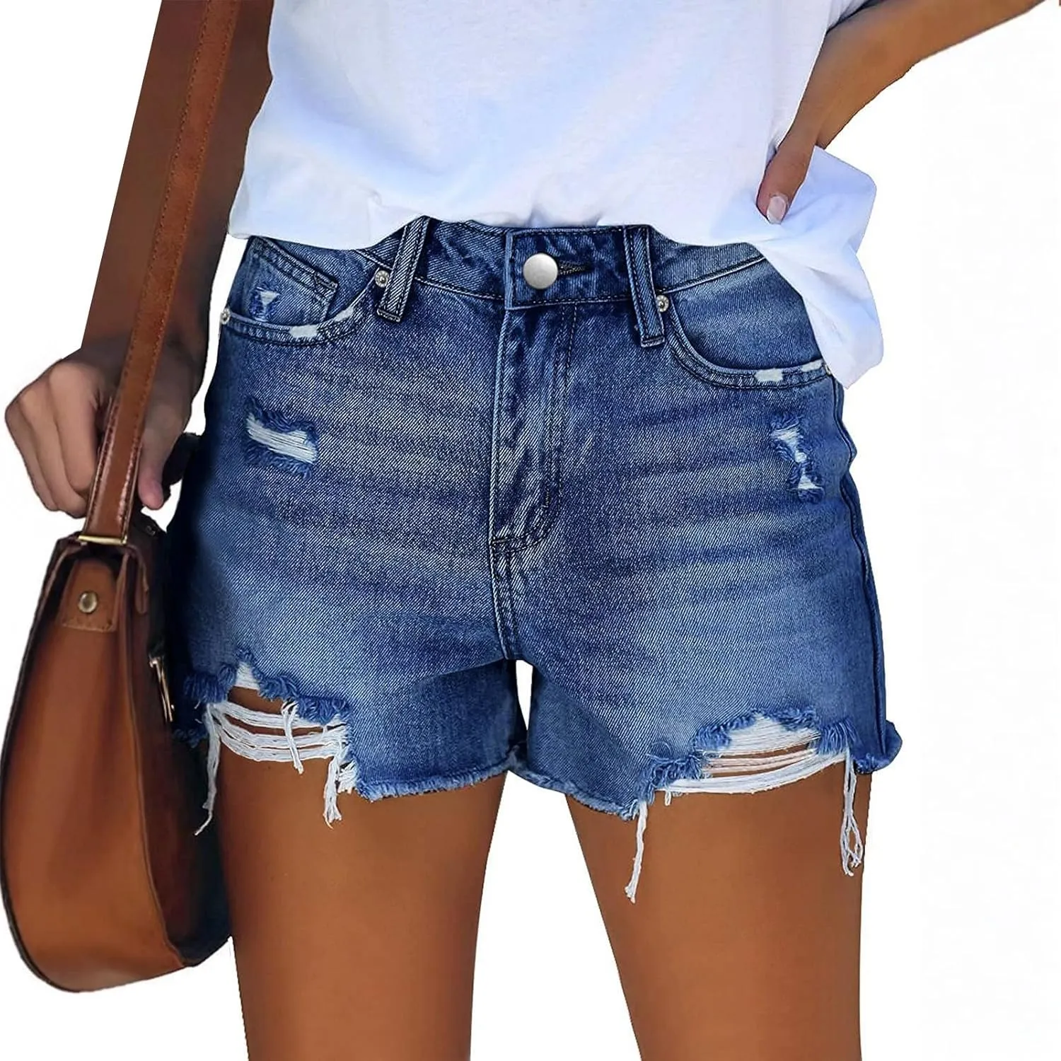 Women Denim Shorts High Waist Cut Off Ripped Jean Shorts with Pockets Stretchy Frayed Raw Hem Distressed Jorts