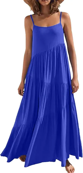 Women Summer Spaghetti Strap Sleeveless Casual Flowy Beach Vacation 2025 Maxi Dress