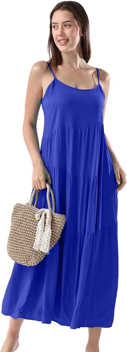 Women Summer Spaghetti Strap Sleeveless Casual Flowy Beach Vacation 2025 Maxi Dress