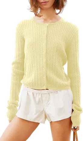 Women Y2k Cute Crewneck Cable Knit Lightweight Cropped Cardigan Tops Fall Open Front Button Pullover Sweaters
