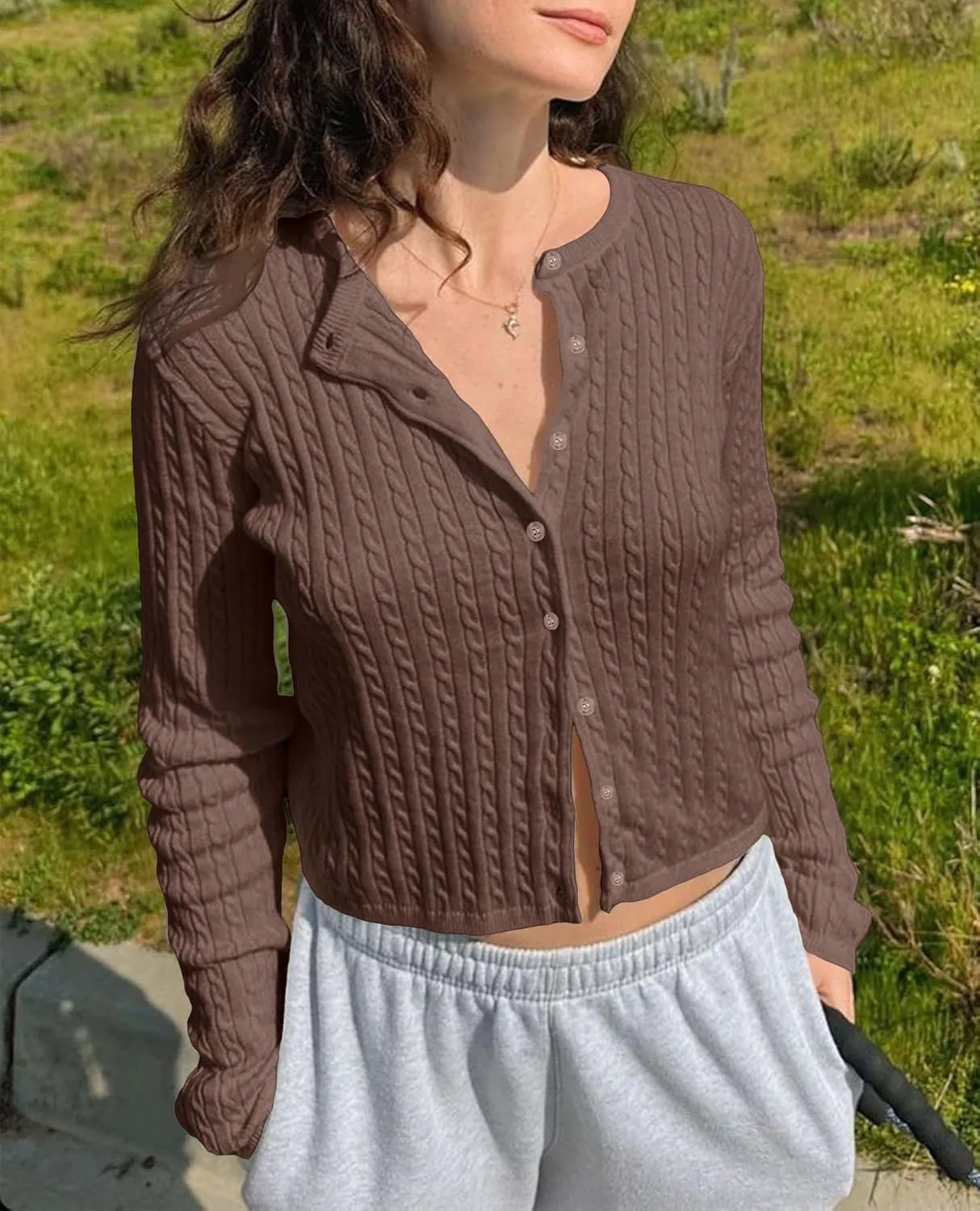 Women Y2k Cute Crewneck Cable Knit Lightweight Cropped Cardigan Tops Fall Open Front Button Pullover Sweaters
