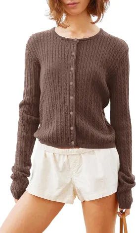 Women Y2k Cute Crewneck Cable Knit Lightweight Cropped Cardigan Tops Fall Open Front Button Pullover Sweaters