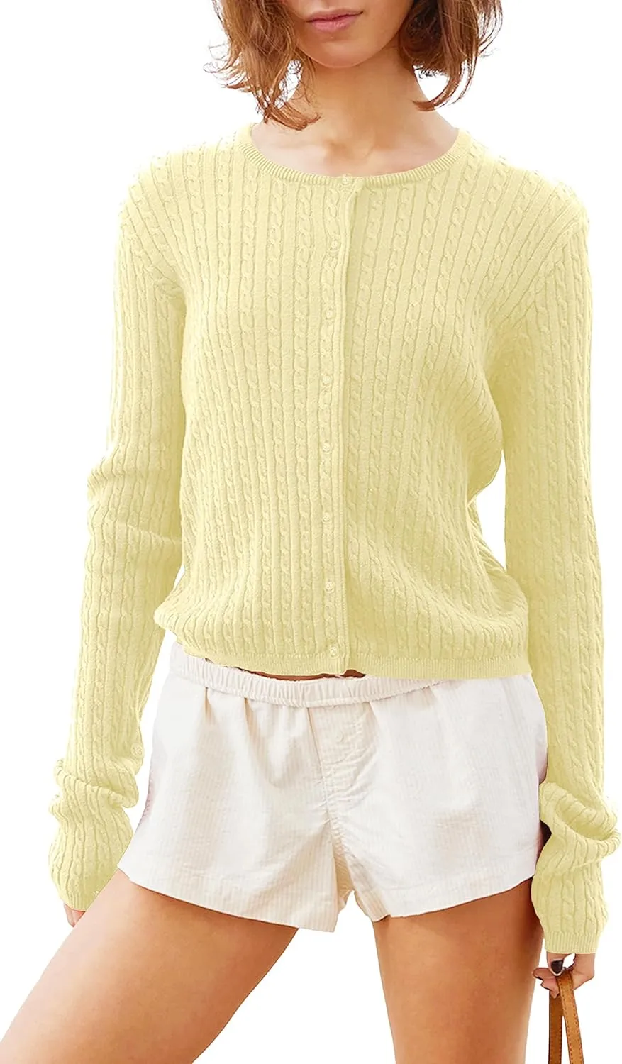 Women Y2k Cute Crewneck Cable Knit Lightweight Cropped Cardigan Tops Fall Open Front Button Pullover Sweaters