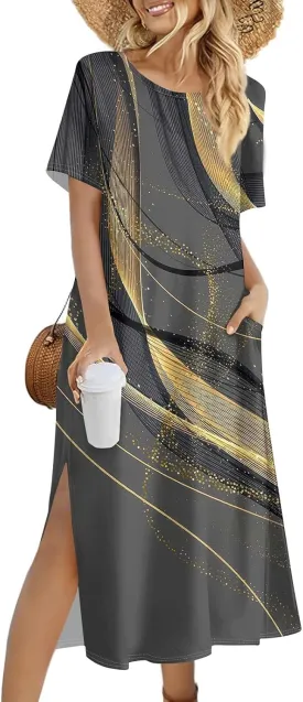 Women's Casual Loose Fit Short Sleeve Midi Casual Dress with Side Slits Comfortable Summer Beach Wear