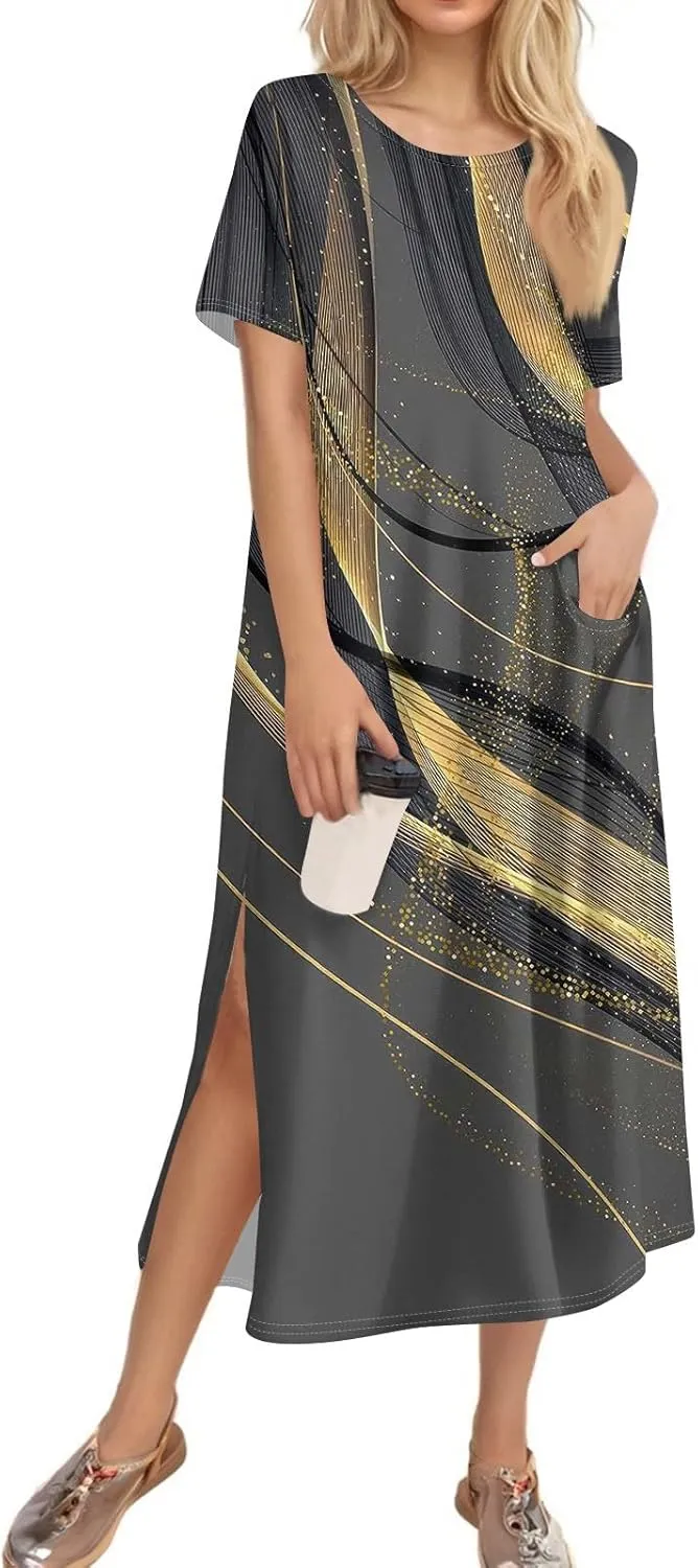 Women's Casual Loose Fit Short Sleeve Midi Casual Dress with Side Slits Comfortable Summer Beach Wear