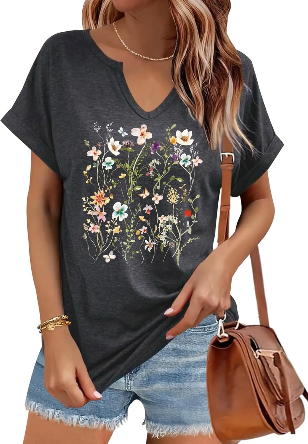 Women's Floral T-Shirts V-Neck Dandelion Sun Flower Graphic Casual Tee Boho Tops Cute Wildflowers Shirts