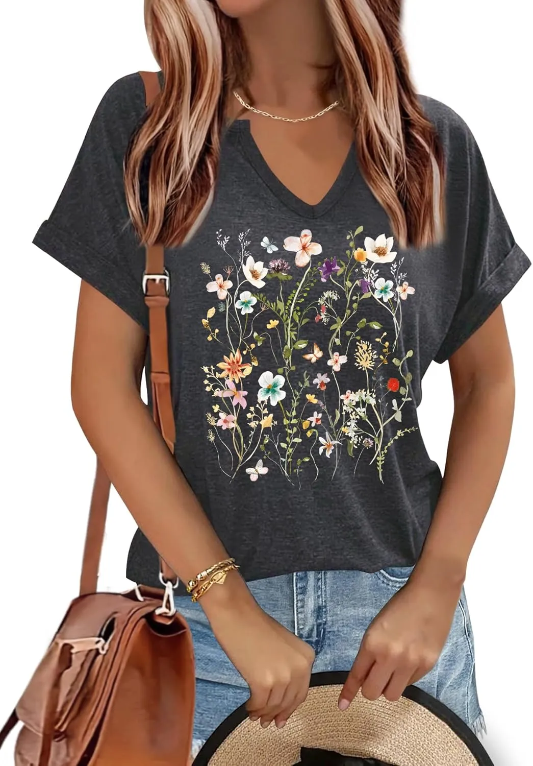 Women's Floral T-Shirts V-Neck Dandelion Sun Flower Graphic Casual Tee Boho Tops Cute Wildflowers Shirts
