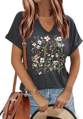 Women's Floral T-Shirts V-Neck Dandelion Sun Flower Graphic Casual Tee Boho Tops Cute Wildflowers Shirts