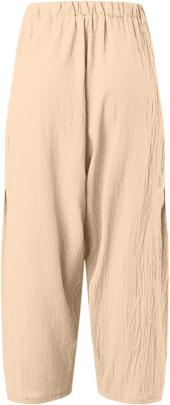 Women's High Waisted Casual Pants Flowy Wide Leg Palazzo Trousers Elastic Waist Comfortable Linen Summer Beach