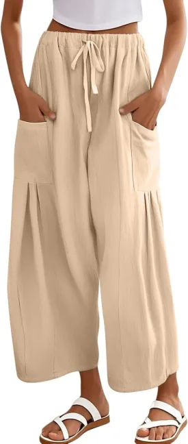 Women's High Waisted Casual Pants Flowy Wide Leg Palazzo Trousers Elastic Waist Comfortable Linen Summer Beach