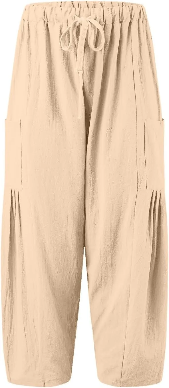 Women's High Waisted Casual Pants Flowy Wide Leg Palazzo Trousers Elastic Waist Comfortable Linen Summer Beach