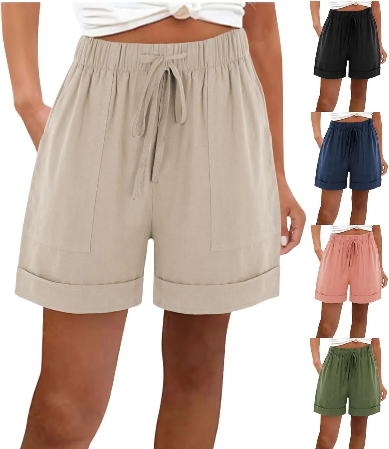 Womens Linen Shorts Elastic Waist High Waist Shorts Drawstring Summer Beach Short Wide Leg Comfy Short with Pockets