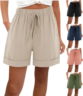 Womens Linen Shorts Elastic Waist High Waist Shorts Drawstring Summer Beach Short Wide Leg Comfy Short with Pockets