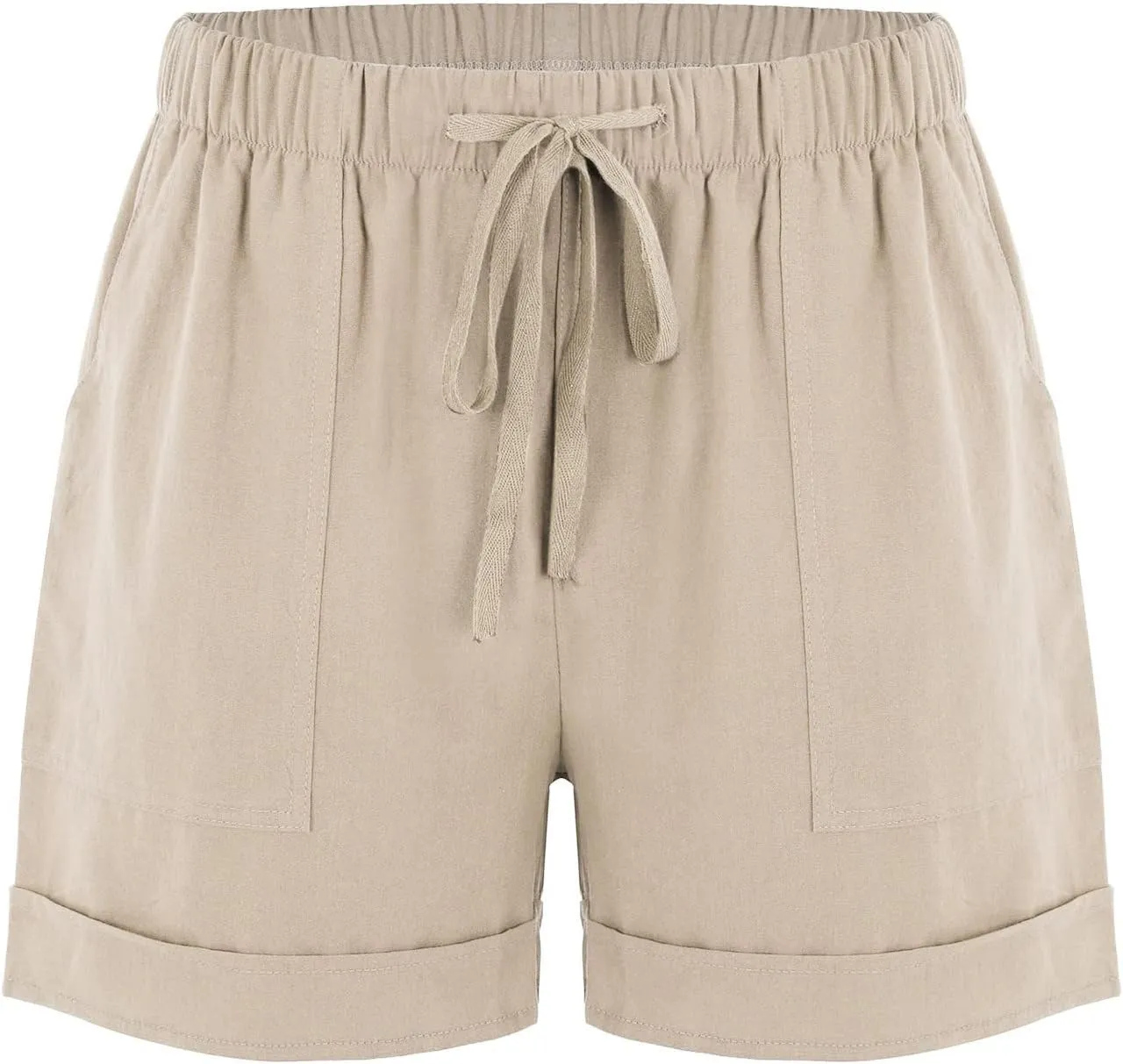 Womens Linen Shorts Elastic Waist High Waist Shorts Drawstring Summer Beach Short Wide Leg Comfy Short with Pockets