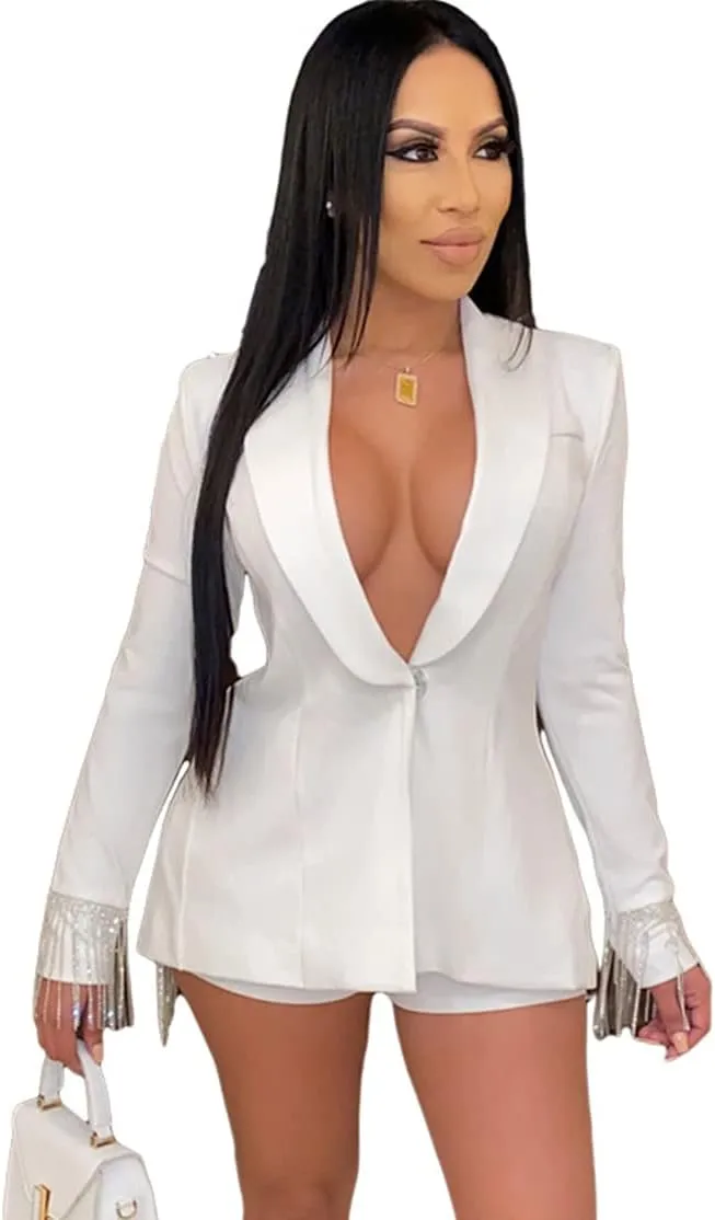 Womens Sexy 2 Pieces Back Slit Tassel Blazer Jackets Bodycon Shorts Party Casual Elegant Business Suit Outfits Set(Tassel White,M)