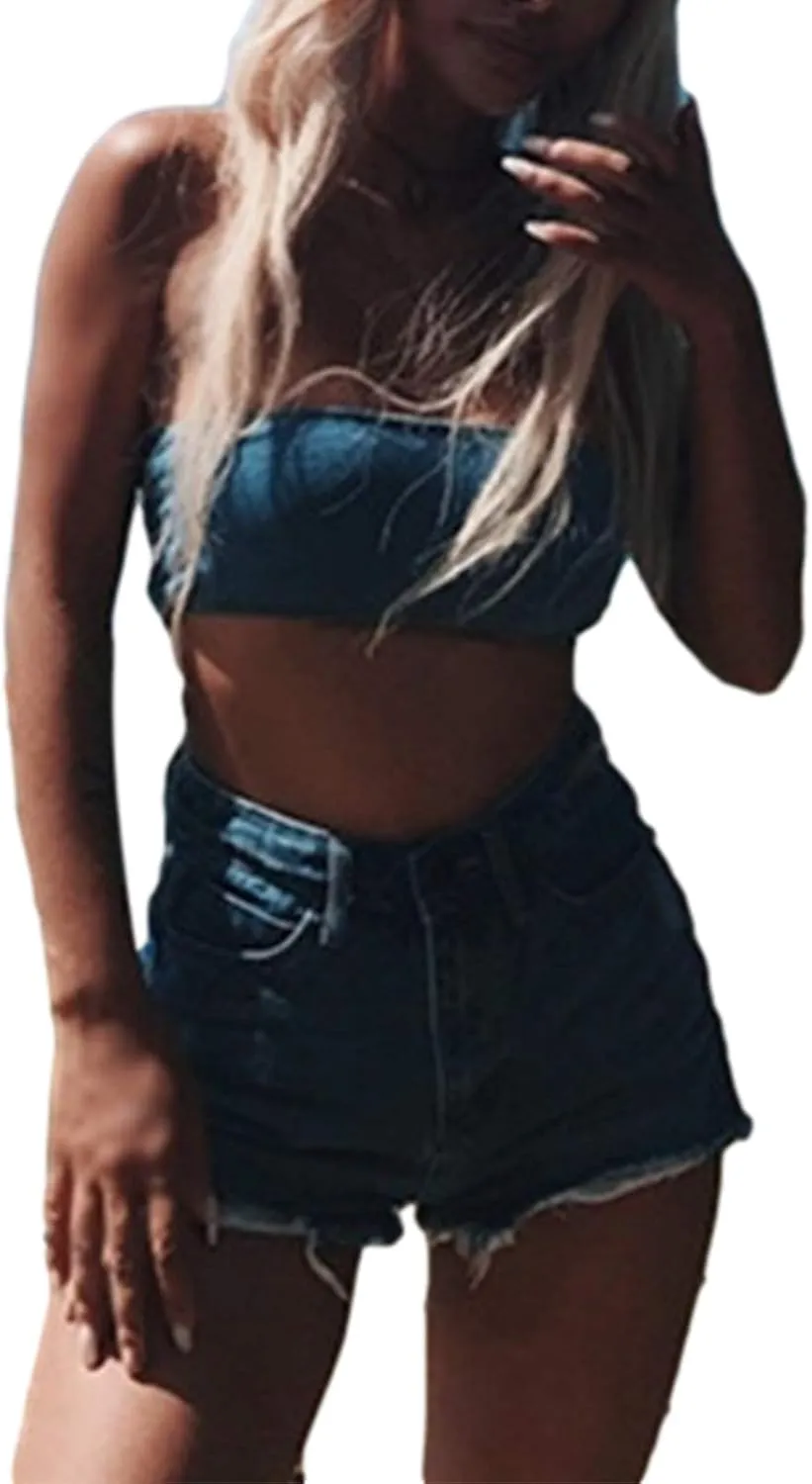 Women's Short Jeans, High Waist Classic Holes Shorts with Pockets Burr Hem Garment for Female
