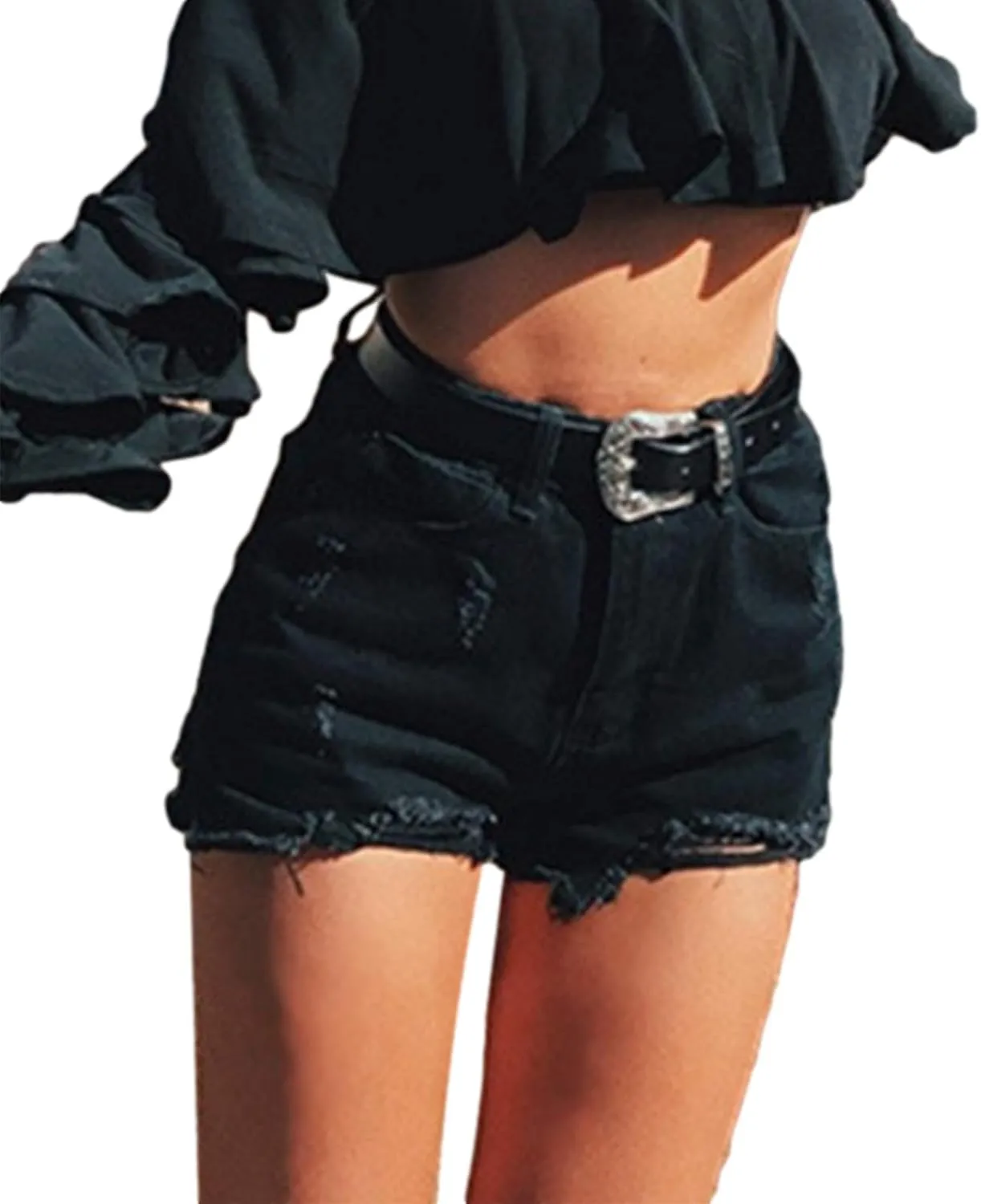 Women's Short Jeans, High Waist Classic Holes Shorts with Pockets Burr Hem Garment for Female