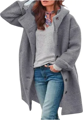 Womens Wool Blend Pea Coat Winter Warm Single Breasted Hooded Trench Coat Casual Office Work Dressy Outwear Jacket