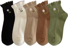 zrylibya Women's Ruffle Frilly Rib Knit Crew Socks Floral Embroidery Scalloped Pointelle Casual Ankle Socks 5 Pairs