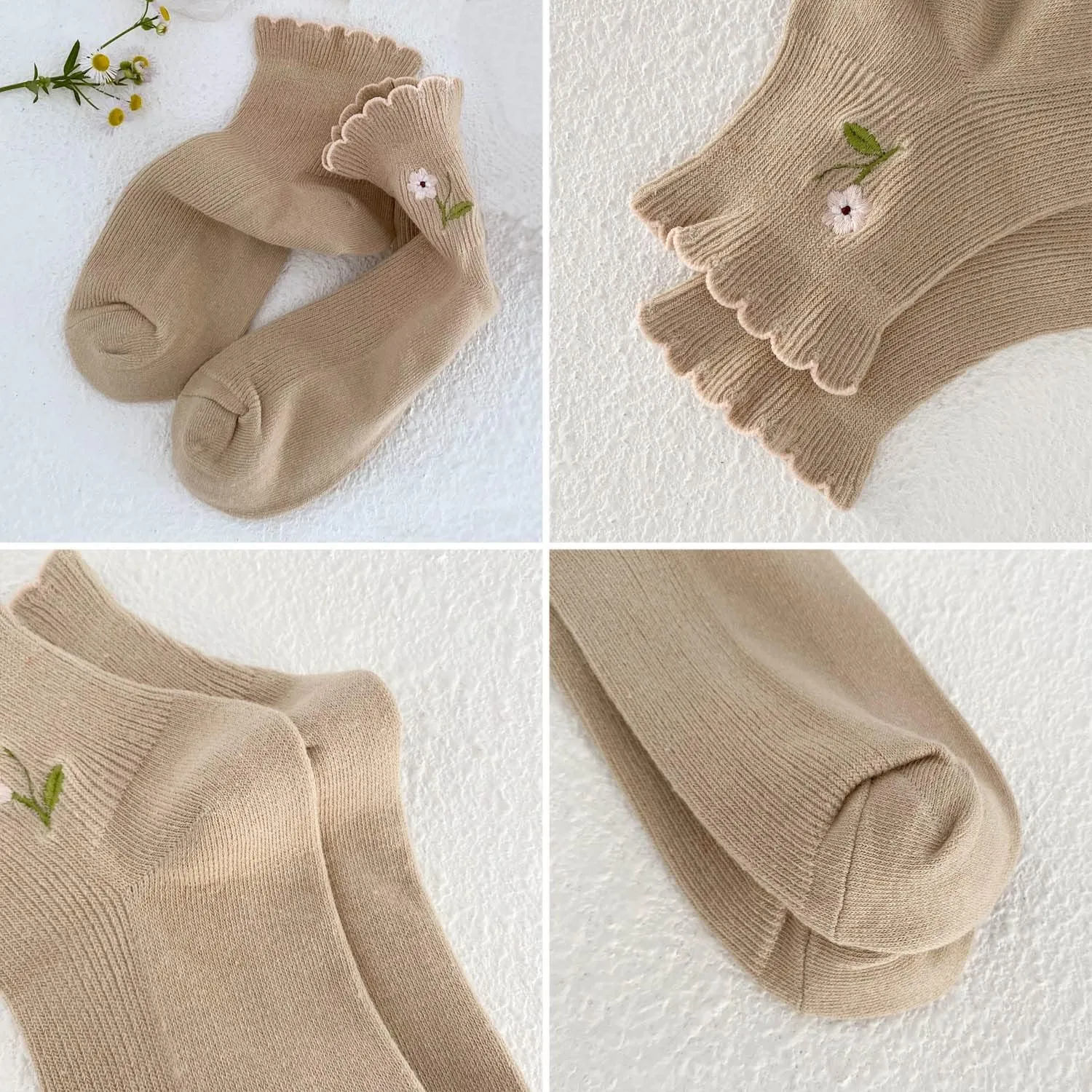 zrylibya Women's Ruffle Frilly Rib Knit Crew Socks Floral Embroidery Scalloped Pointelle Casual Ankle Socks 5 Pairs