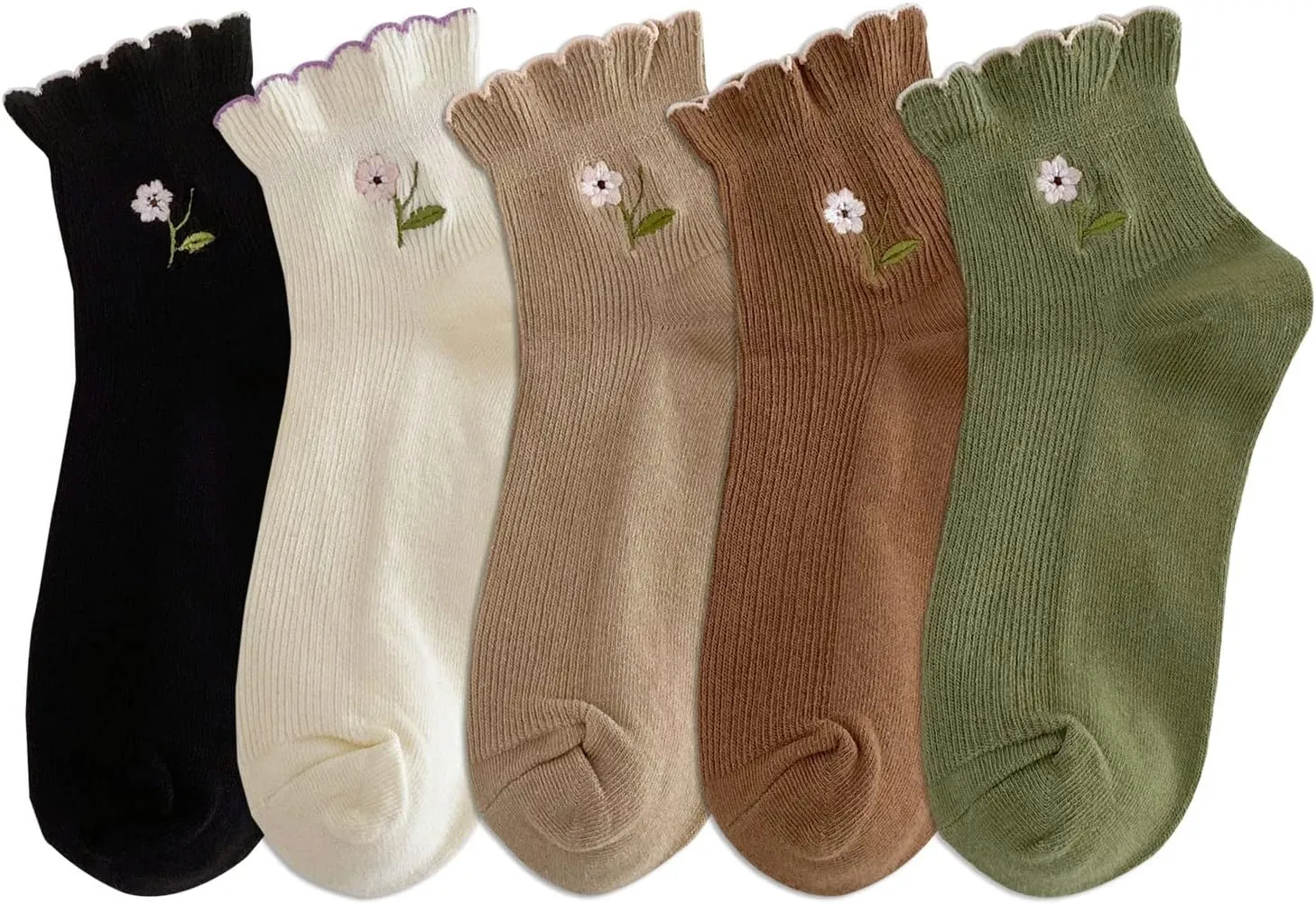 zrylibya Women's Ruffle Frilly Rib Knit Crew Socks Floral Embroidery Scalloped Pointelle Casual Ankle Socks 5 Pairs
